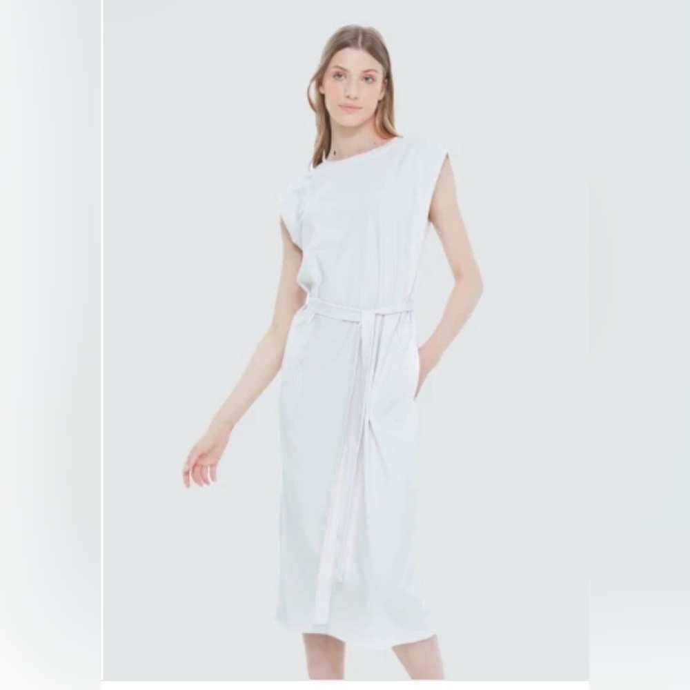Black Tape Tie Waist Knit Midi Dress Size Medium Cream Ivory